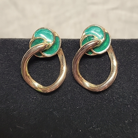Gold Tone and Green Enamel Pierced Earrings - Picture 1 of 3